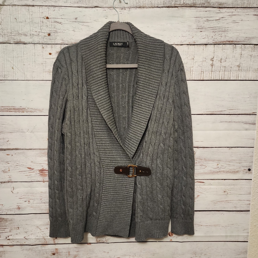 Black Label Ralph Lauren Gray Cable Knit Sweater with Buckle